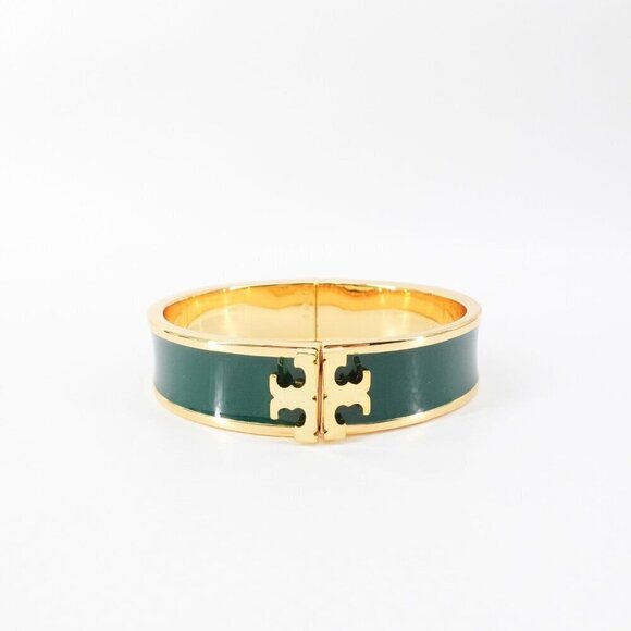 Tory Burch Enameled Kira Logo Hinged Bracelet Gold/ Green OS - Picture 1 of 14